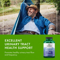 Lifestyle image with Swanson Prostate Essentials Plus bottle suggesting routine daily supplementation.