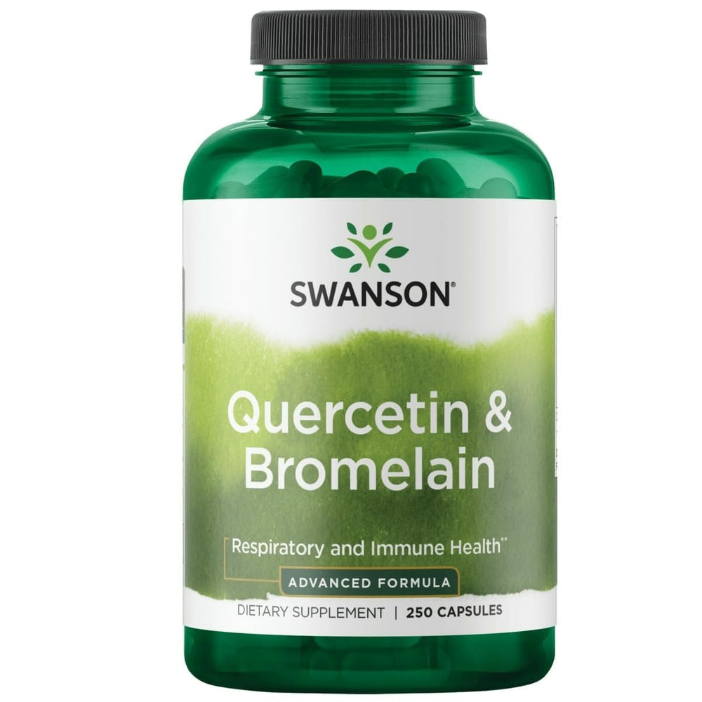 Swanson Quercetin & Bromelain bottle on counter, emphasizing convenient daily capsules for wellness