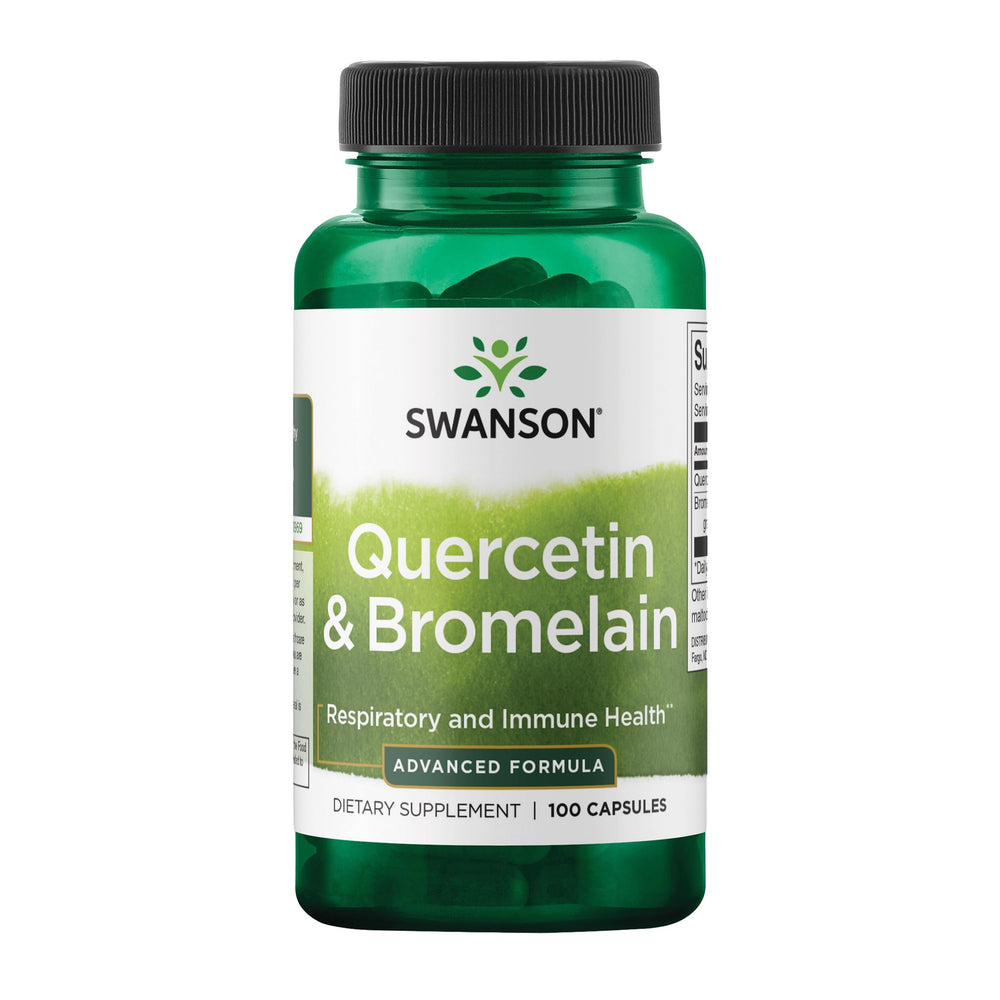 Swanson Quercetin & Bromelain capsules in bottle, supporting seasonal immune balance.