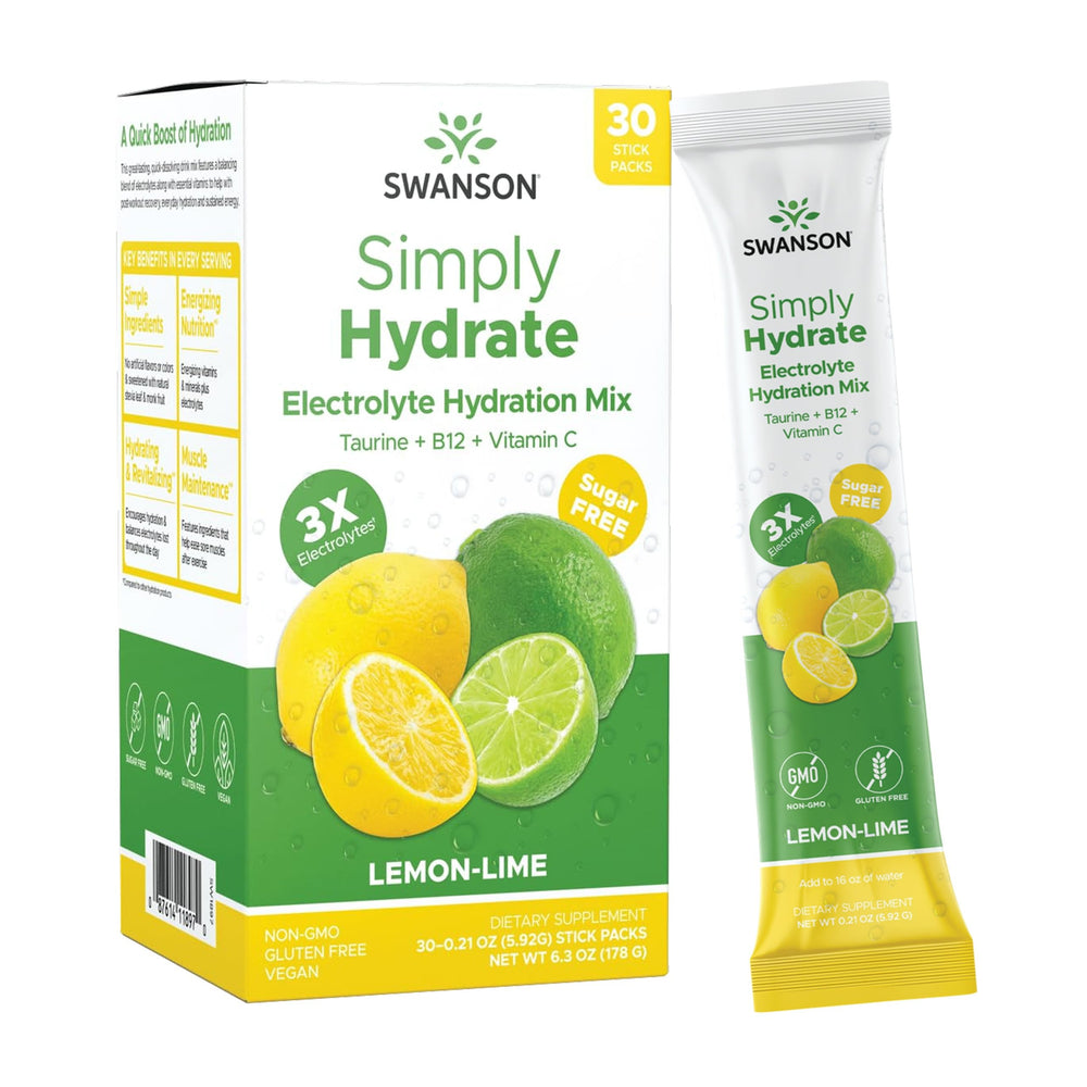 Swanson Simply Hydrate lemon-lime packets for easy on-the-go hydration with zero calories.
