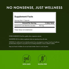 Swanson Spearmint Leaf capsules closeup highlighting 400 mg strength for digestive support