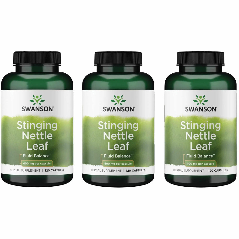 Swanson Stinging Nettle Leaf bottle front highlighting 400 mg capsules for urinary and respiratory support.