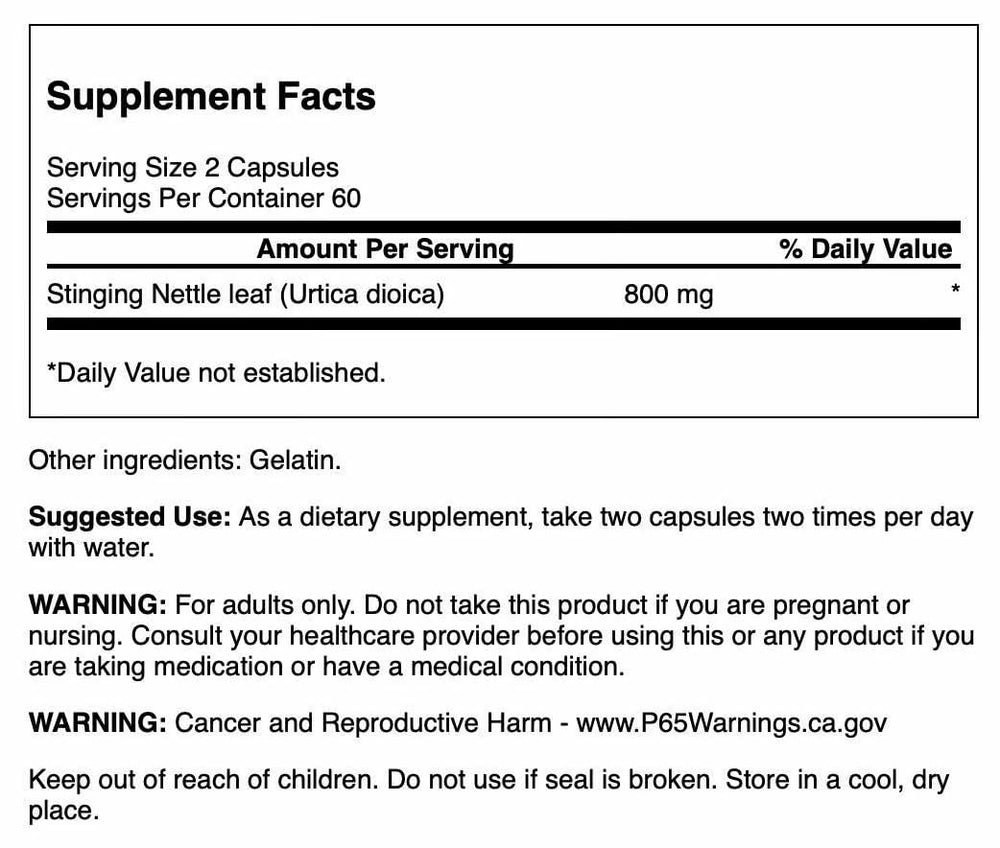 Swanson Stinging Nettle Leaf capsules closeup emphasizing potency and daily use.