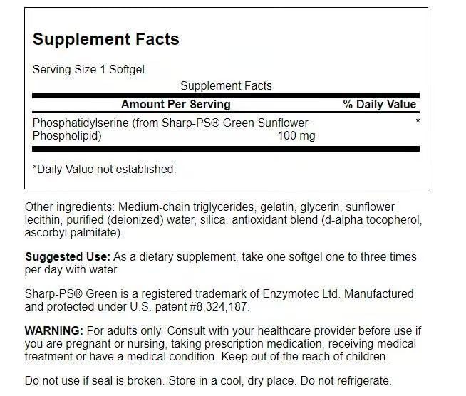 Swanson Sunflower Phosphatidylserine Soy-Free 100 mg bottle top close-up for easy swallowing