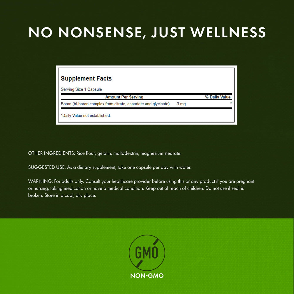 Swanson Triple Boron Complex label detail emphasizes non-GMO quality you can trust