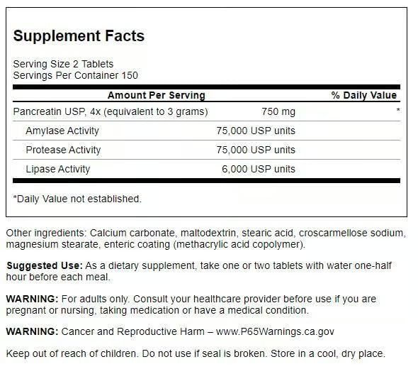 Swanson Triple-Strength Pancreatin tablets closeup highlighting enzyme blend for digestion.