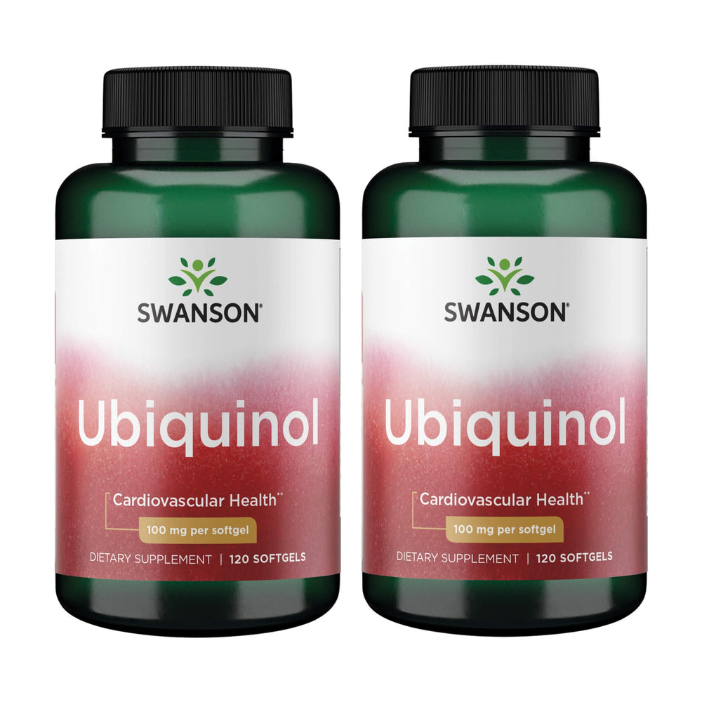 Swanson Ubiquinol 100 mg softgels bottle promotes heart health support.