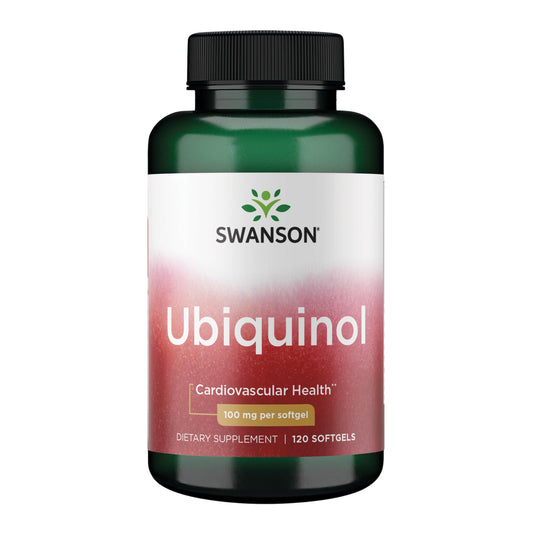 Swanson Ubiquinol 100 mg softgels bottle for heart health and energy support.