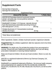 Closeup of the Swanson ULT BIODEFENSE NK+ label highlighting AHCC and beta glucans for immune support.
