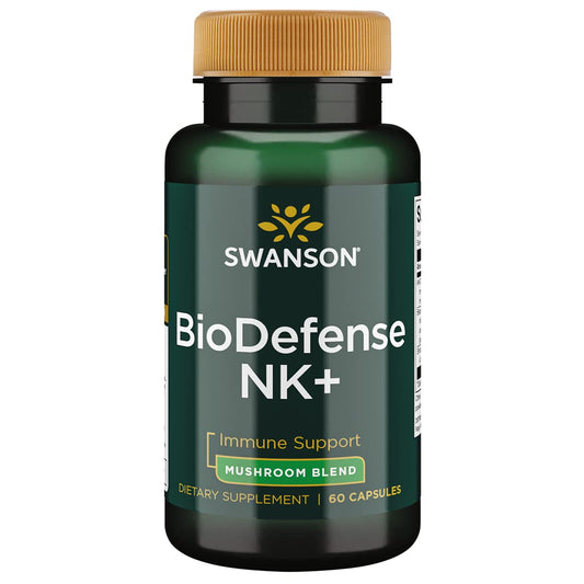 Swanson ULT BIODEFENSE NK+ Mushroom BLND bottle with capsules for immune support.