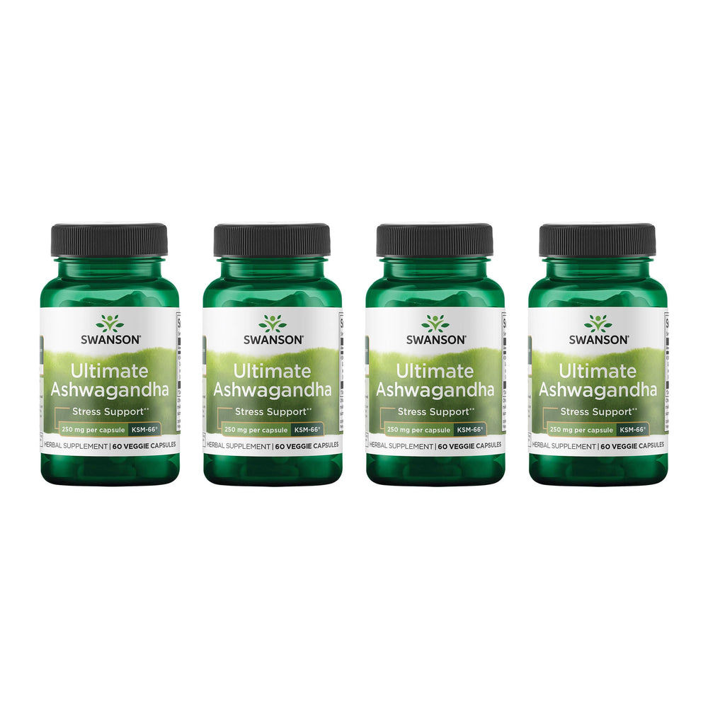 Swanson Ultimate Ashwagandha KSM-66 bottle pouring capsules for daily calm support.