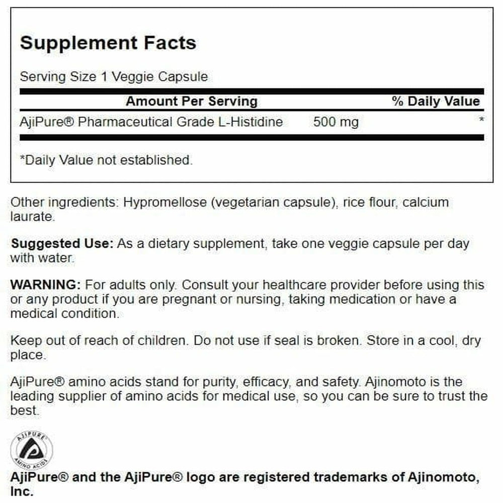 Swanson Ultra L-Histidine bottle side view highlighting vegetarian capsules