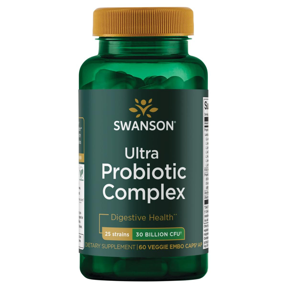 Swanson Ultra Probiotic Complex 30B CFU bottle front promotes digestive balance and immune support.