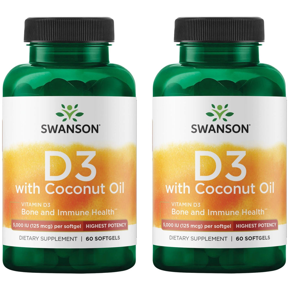 Swanson Vitamin D-3 with Coconut bottle displaying 60 softgels for daily wellness
