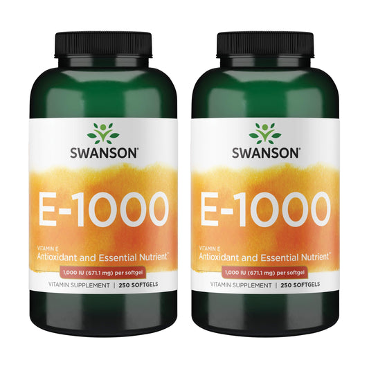 Swanson Vitamin E 1000 IU bottle with softgels for daily antioxidant support.