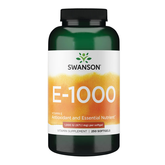 Swanson Vitamin E 1000 IU softgels bottle for daily antioxidant support.