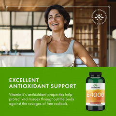 Row of Swanson Vitamin E 1000 IU softgels highlighting convenient capsules.