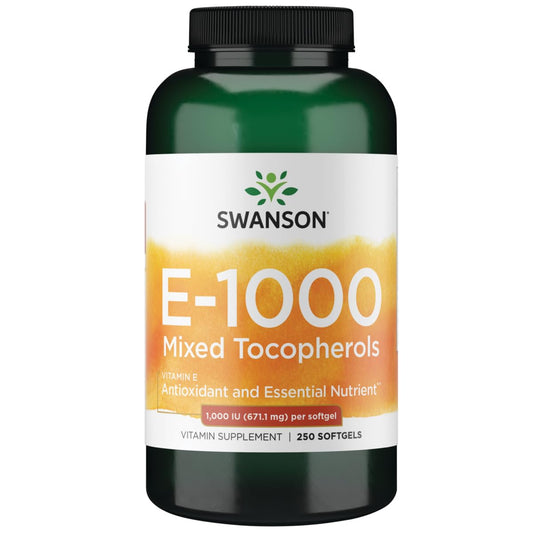 Swanson Vitamin E Mixed Tocopherols bottle shows full-spectrum vitamin E blend.
