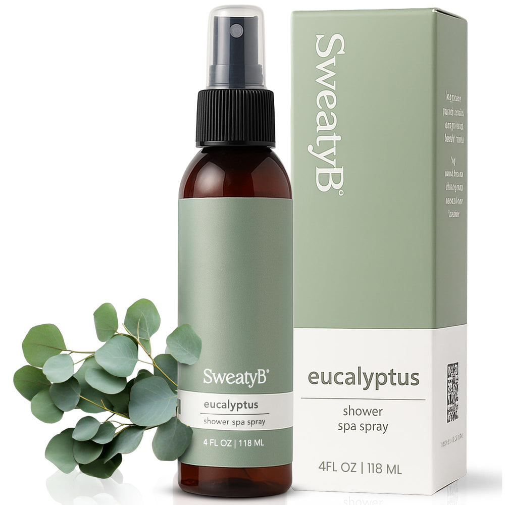 SweatyB eucalyptus shower spray bottle for spa-like aromatherapy in the bathroom.