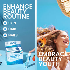 Swedish Nutra Collagen Beauty Shot ingredients panel shows marine collagen and vitamin C.