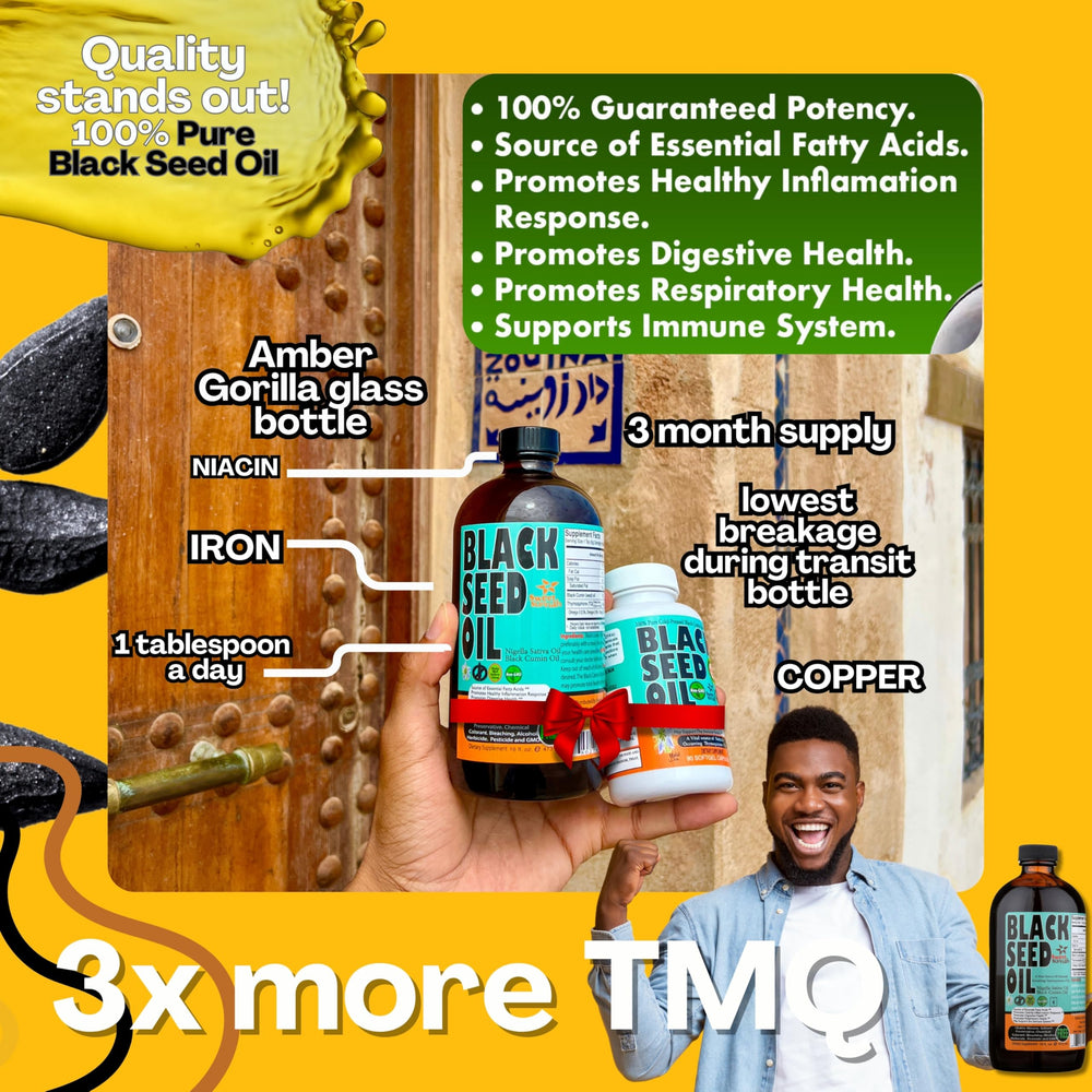 16 oz packaging of Sweet Sunnah Black Seed Oil for a 3-month supply.