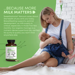 Sweetbottoms moringa capsules closeup highlights pure organic leaves.