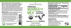 Sweetbottoms organic moringa leaves label emphasizes certified organic quality.