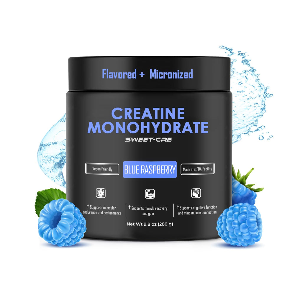 Sweet Cre Creatine Monohydrate Fruit Punch powder in a jar for easy mixing and flavor.