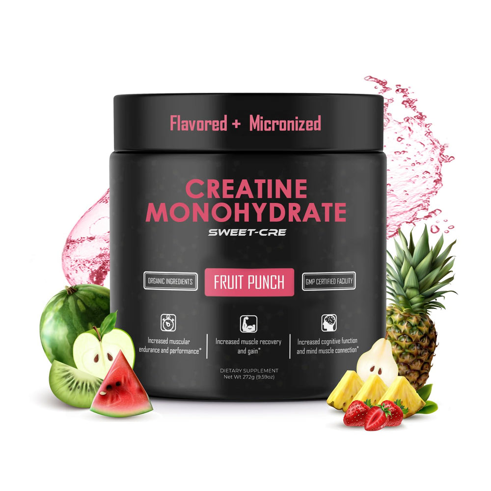 SweetCre Creatine Monohydrate jar illustrating organic formula for clean supplementation.