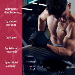Close-up on SweetCre label showing organic ingredients and GMP quality.