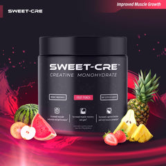 SweetCre Creatine Monohydrate being poured into a glass of Fruit Punch flavor.