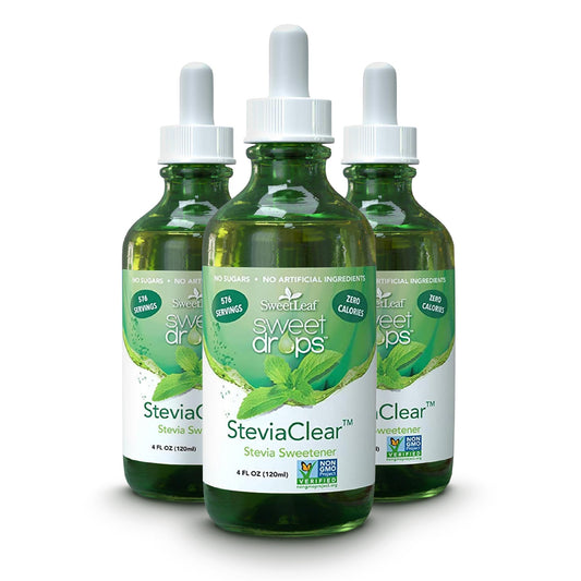 SweetLeaf SteviaClear bottle pour provides zero-calorie sweetness in beverages.