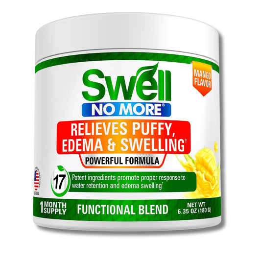 Swell No More peach mango powder in a jar for daily leg comfort