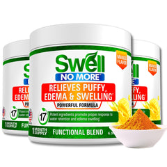Swell No More peach mango powder jar ready to mix for daily swelling support.