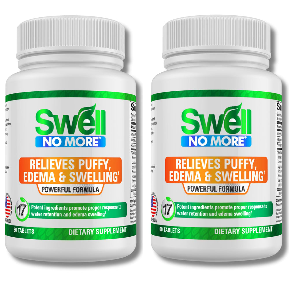SwellNoMore bottle front showing natural edema-support blend for daily use