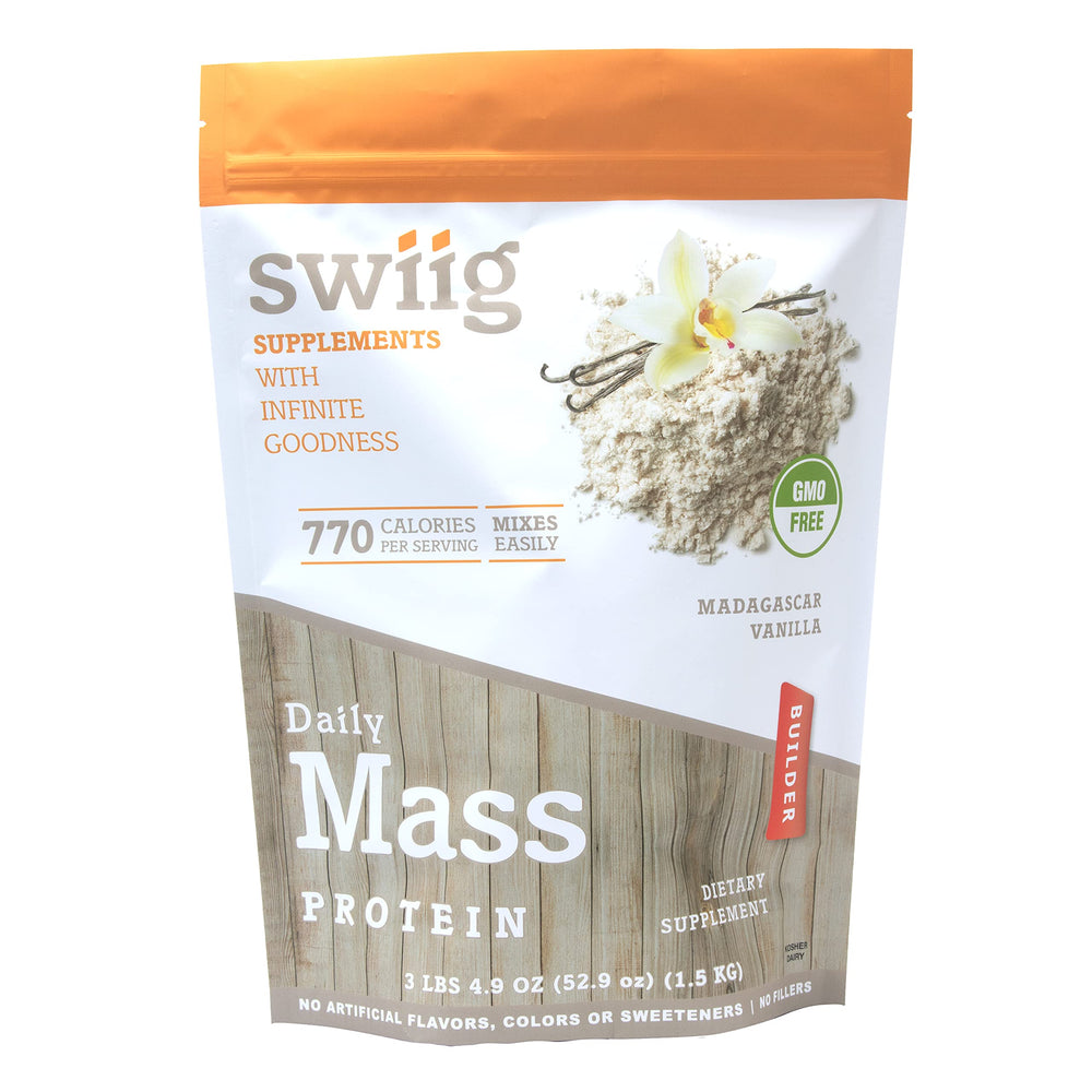 Swiig Mass Builder bottle front showcasing Madagascar Vanilla flavor and energy support