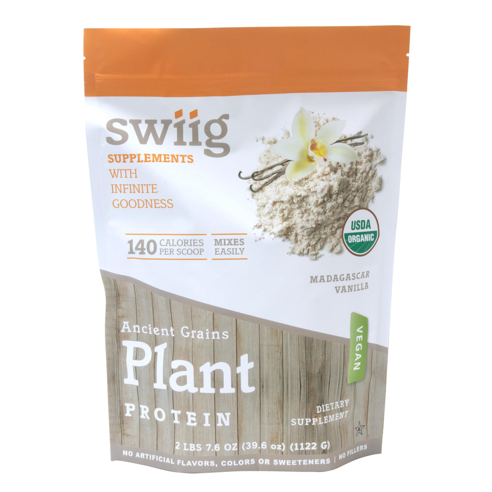 Swiig Organic Ancient Grains Vanilla protein canister ready for daily shakes.