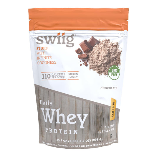 Swiig Premium Daily Whey Matrix chocolate bottle—convenient protein for workouts.