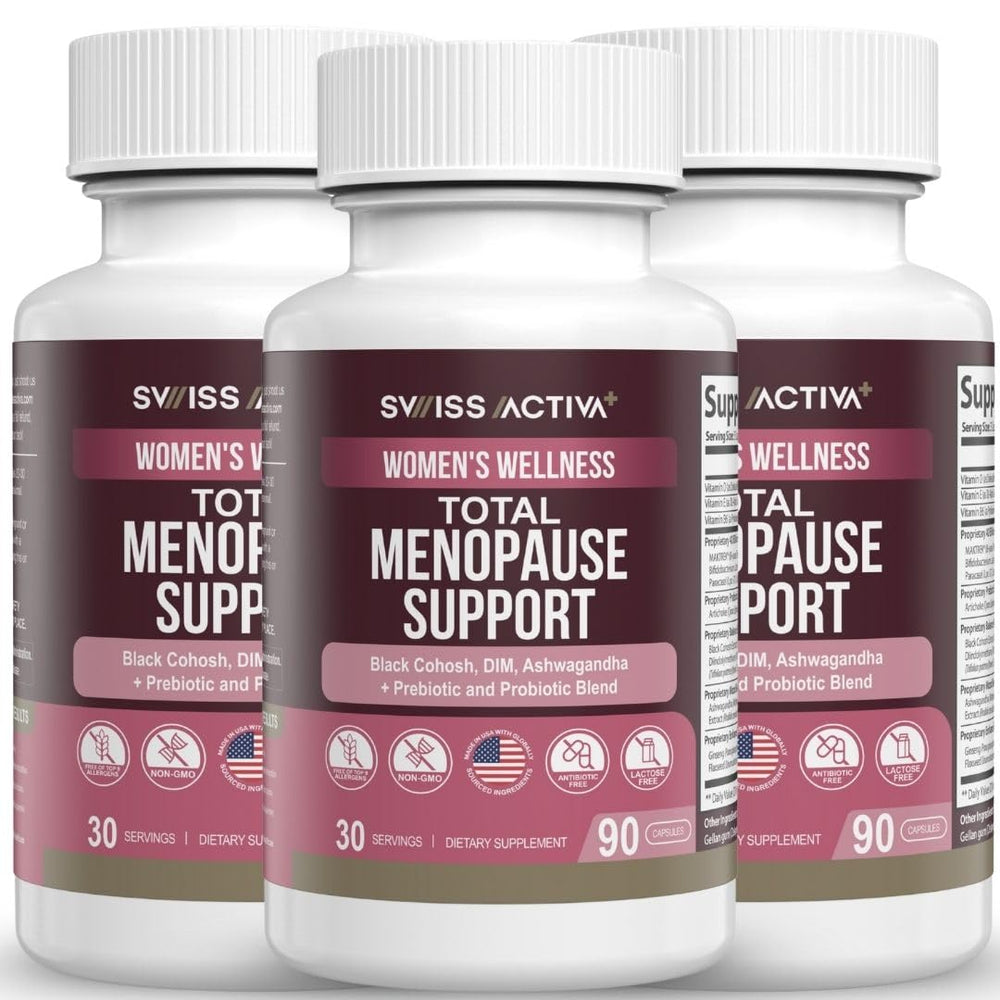Swiss Activa+ Labs Total Menopause bottle front showing plant-based balance support for midlife women