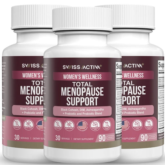Swiss Activa+ Labs Total Menopause bottle front showing plant-based balance support for midlife women