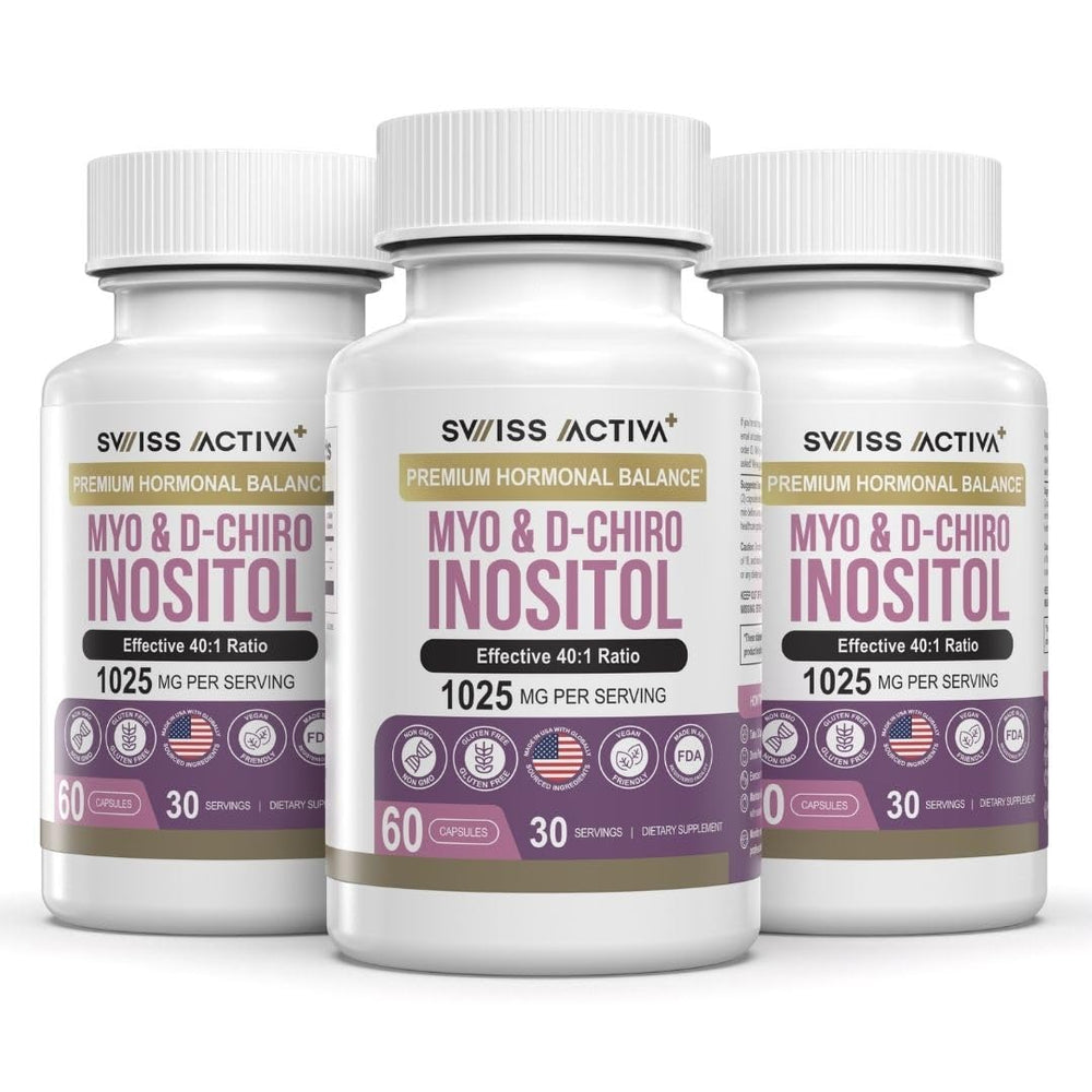 Swiss Activa+ Myo Inositol bottle with glass for daily hormone balance.