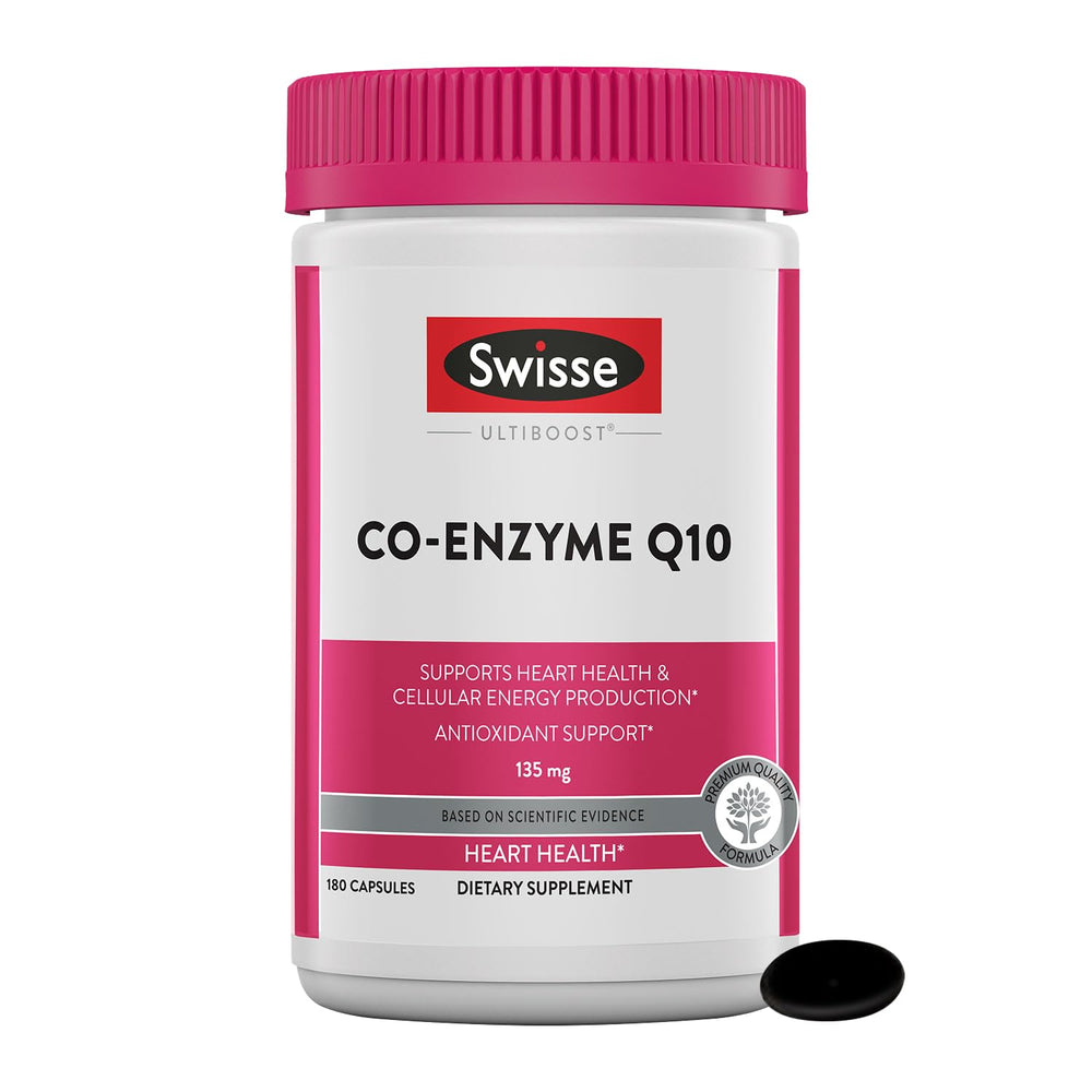 Swisse CoQ10 softgel bottle on shelf suggesting heart health support.