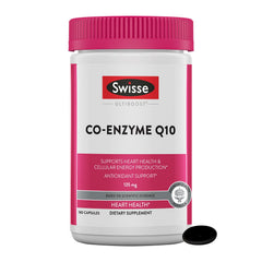 Swisse CoQ10 softgel bottle on shelf suggesting heart health support.