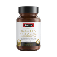 Swisse NAD+ Pro Anti-Aging bottle promotes daily vitality with 30 capsules.