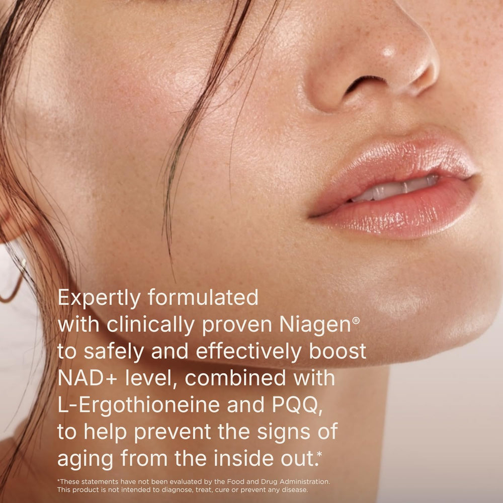 Swisse NAD+ Pro Anti-Aging close-up label highlights 300mg Niagen and key ingredients.