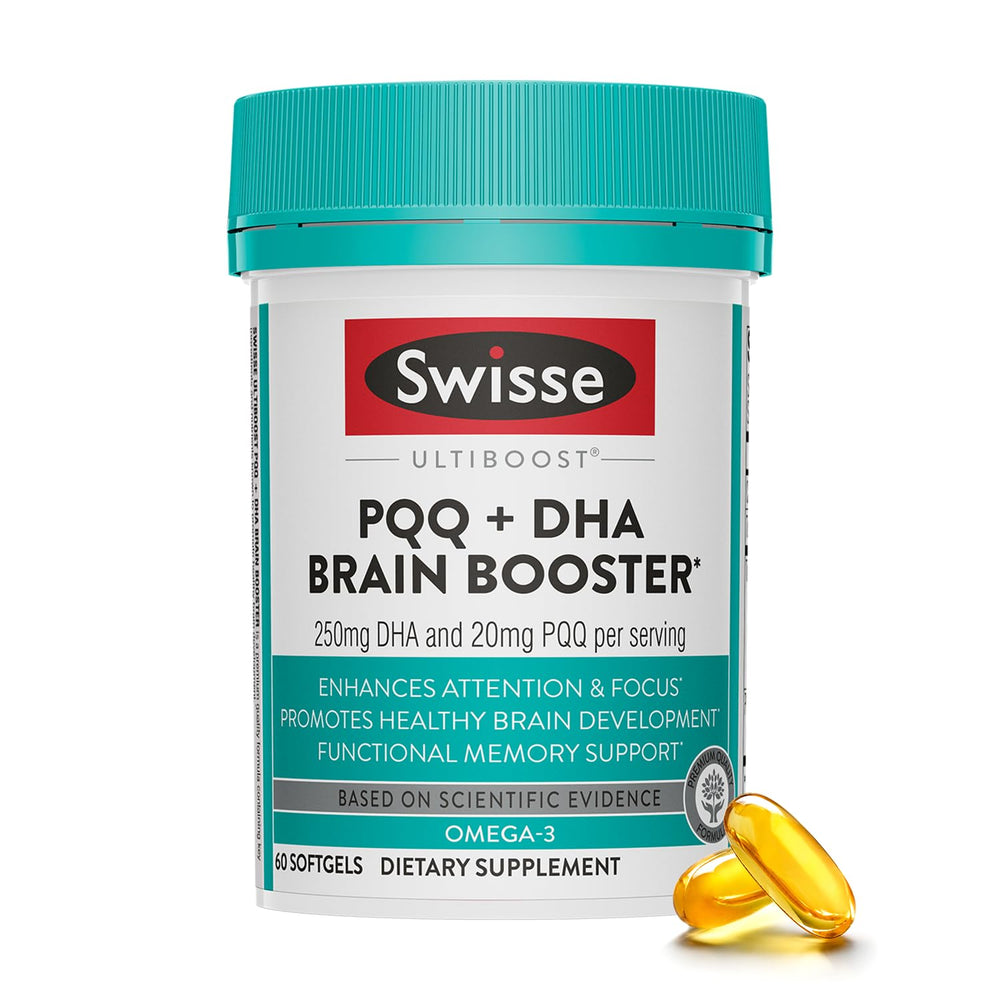 Swisse PQQ-DHA Brain Booster bottle resting on a desk, promoting daily focus.