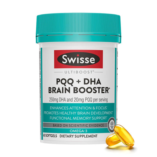 Swisse PQQ-DHA Brain Booster bottle resting on a desk, promoting daily focus.
