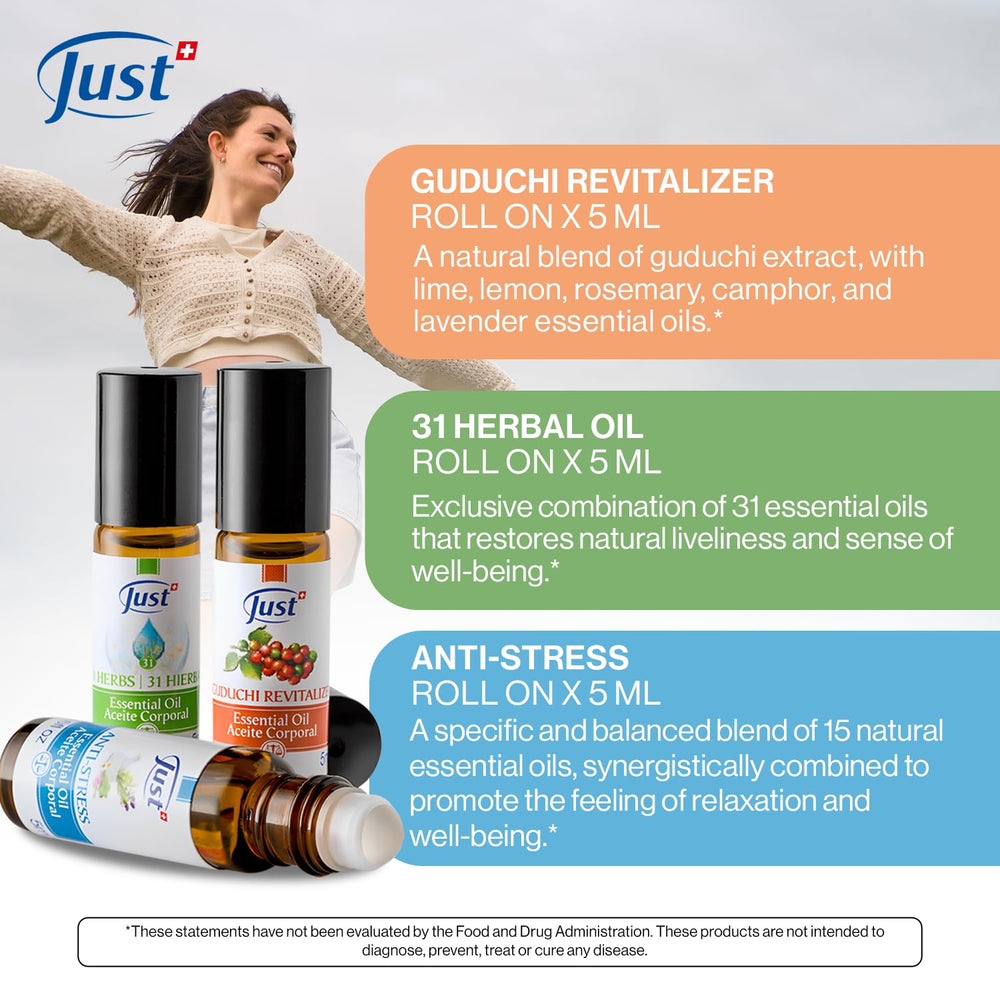 SwissJust 31 Herbal Oil blend bottle offers uplifting aroma.
