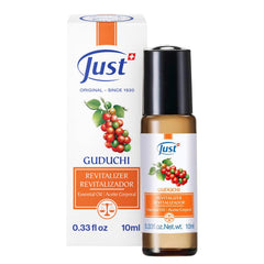 SwissJust Guduchi Revitalizer roll-on bottle 10ml for a quick energy lift.