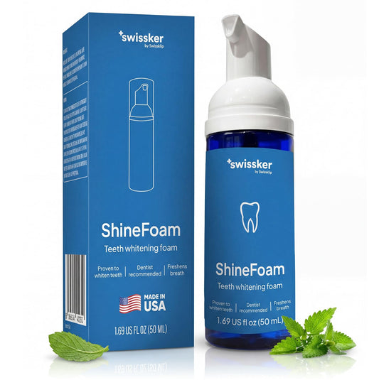 Swissker ShineFoam dispensing foam for quick whitening and gentle action.